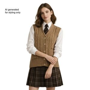 VTG Contact NY Camel Cable Chuncky Fisherman Academia Knit Button Front Vest M